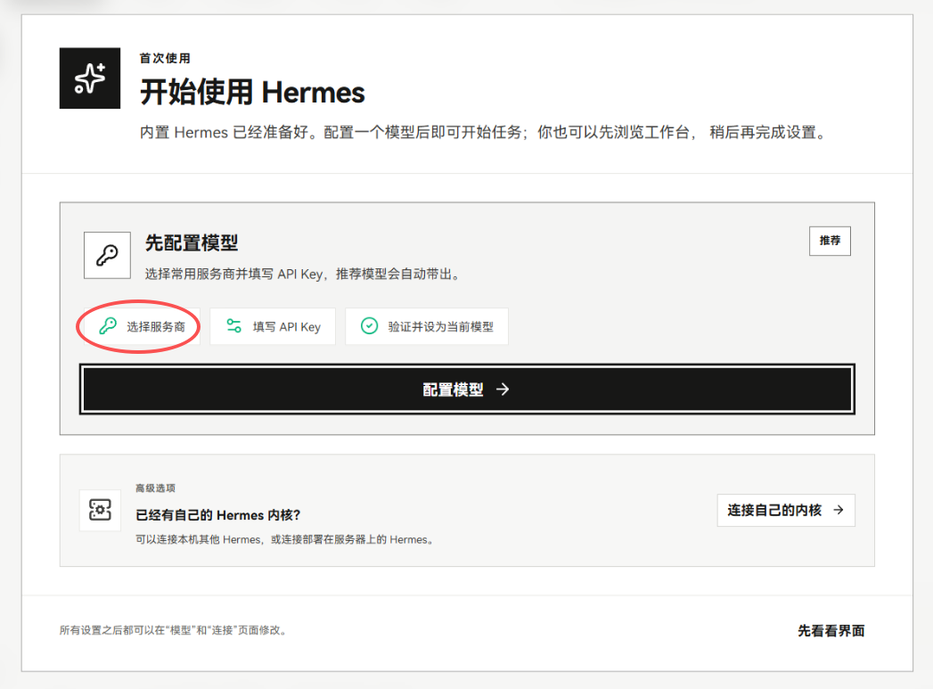 Hermes 桌面版首次启动，点配置模型选择服务商